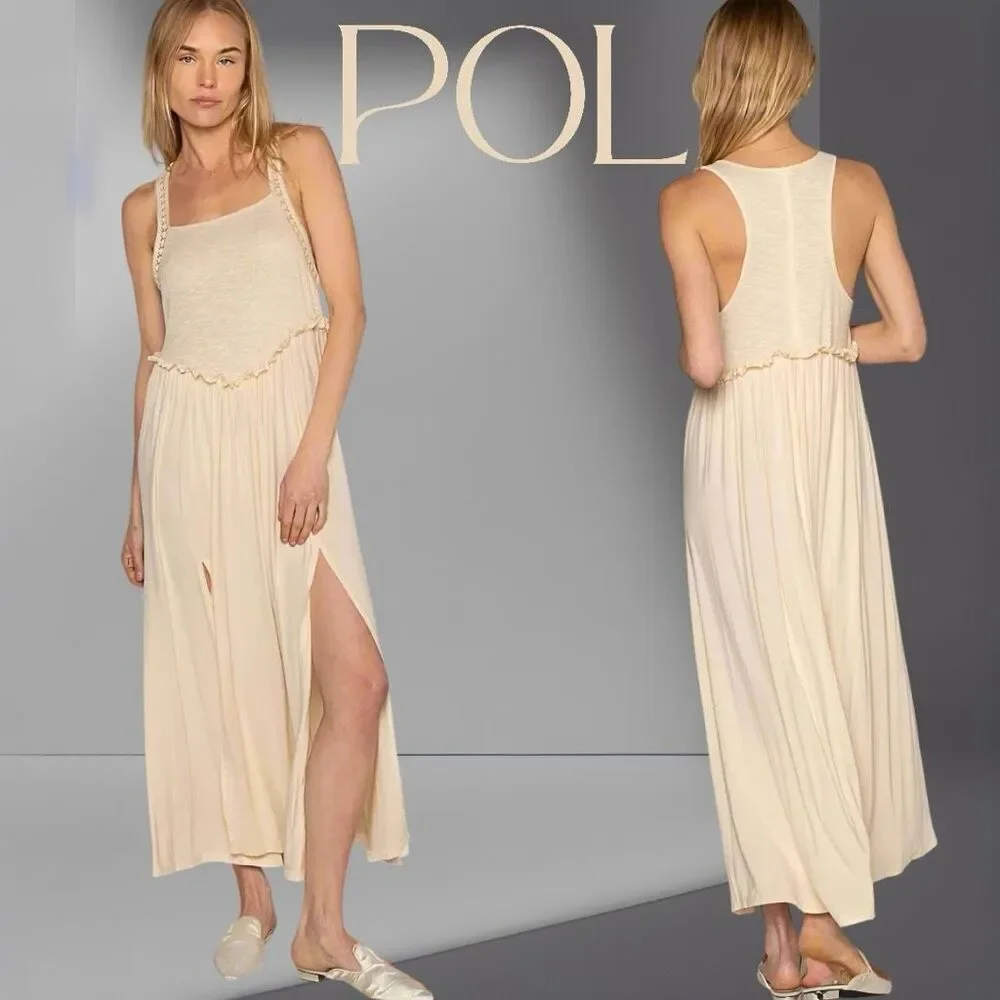 POL Beige Maxi Dress Cami Square Neck Side Slit Boho Beach Vacation NWT - Picture 2 of 8